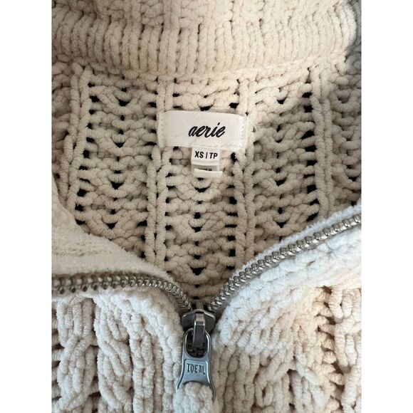 Aerie Cable Car Quarter Zip Sweater Sz XS Cable Knit Cozy Comfort Neutral Soft - Picture 3 of 7